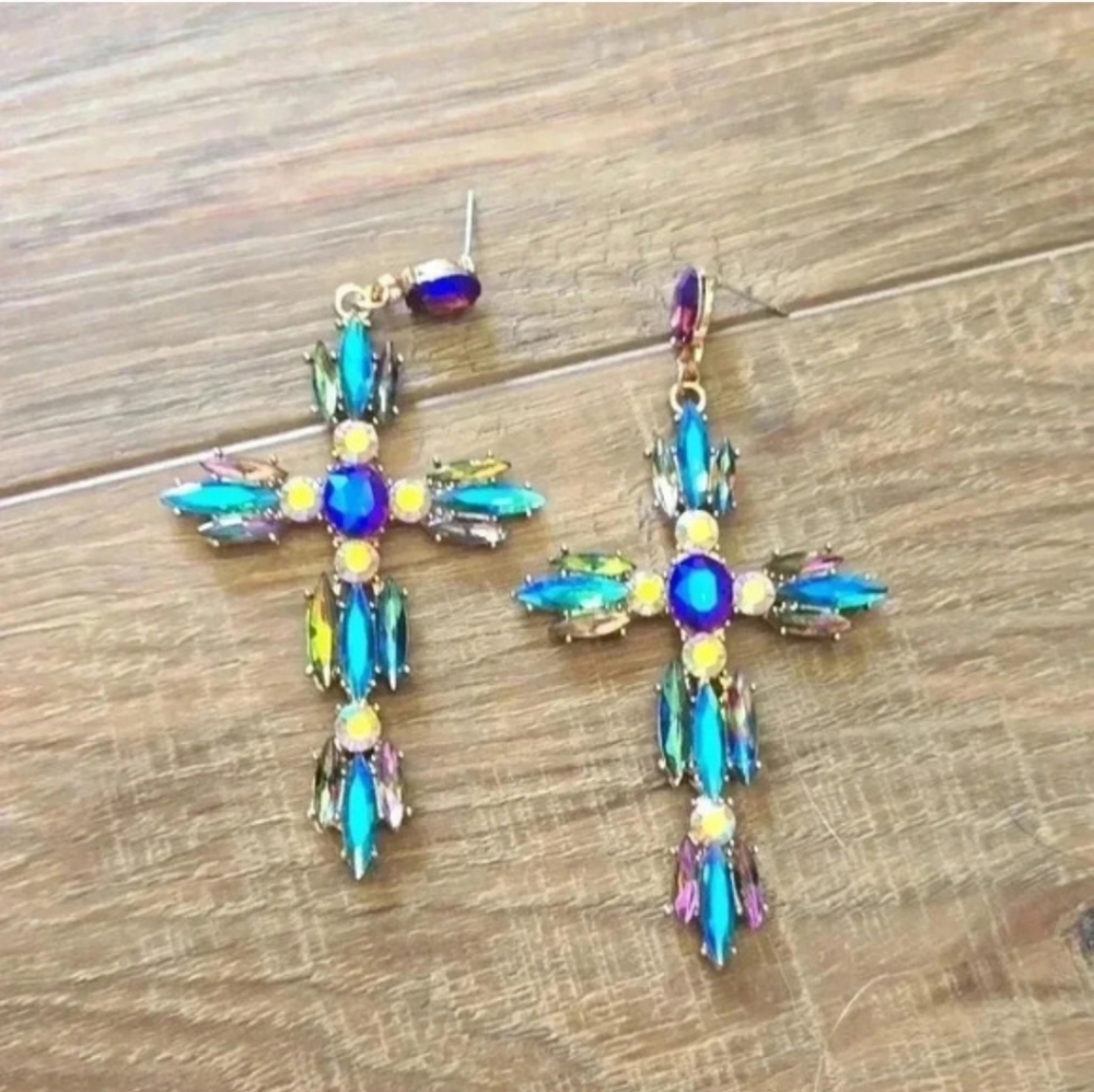 Bohemian Cross Earrings Elegant Blue and Gold Cross